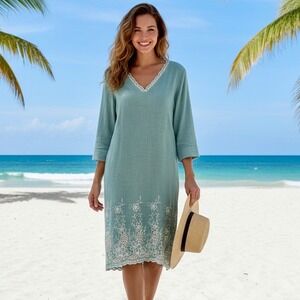 Soft Surroundings Pissarro Embroidered Tunic Dress Sage Green 3/4 Sleeve SmallS